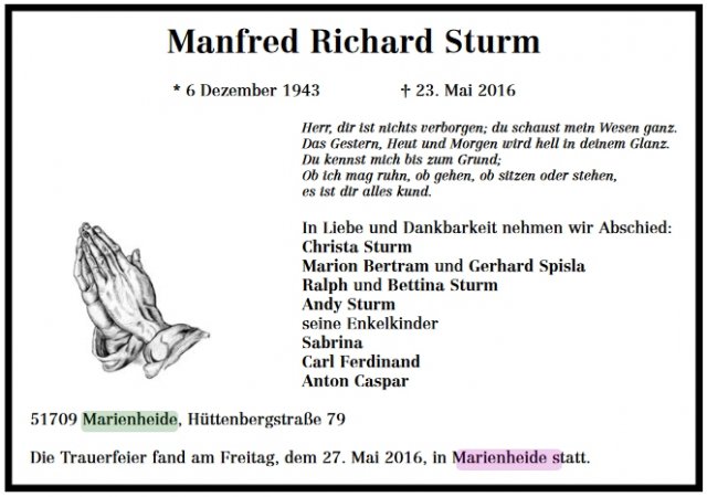 Sturm Manfred Richard 1943-2016 Todesanzeige